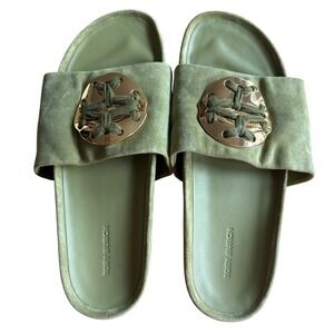 $298 TORY BURCH Woven Double T Sandals Pear Green Suede Slides Gold SZ 9M EUC